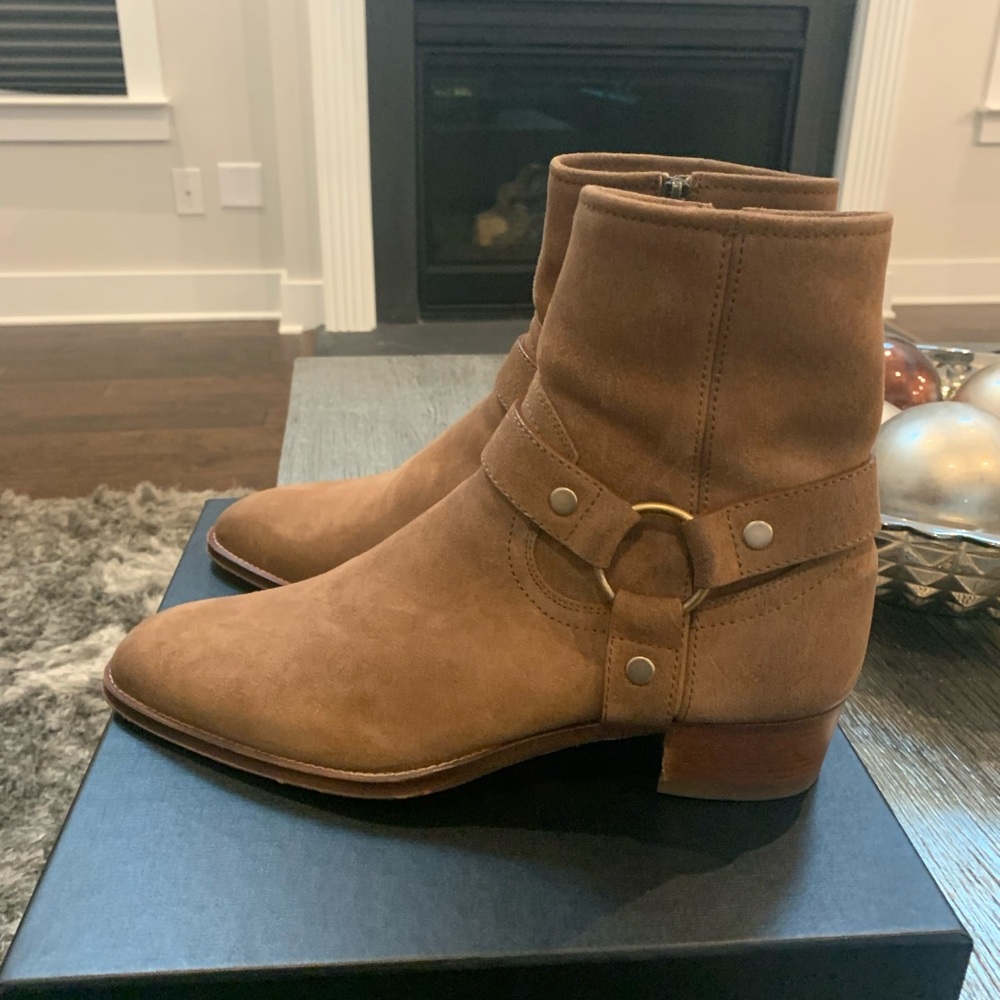 Saint Laurent Wyatt Harness Boot in Vitello Hallem Wax Palude
